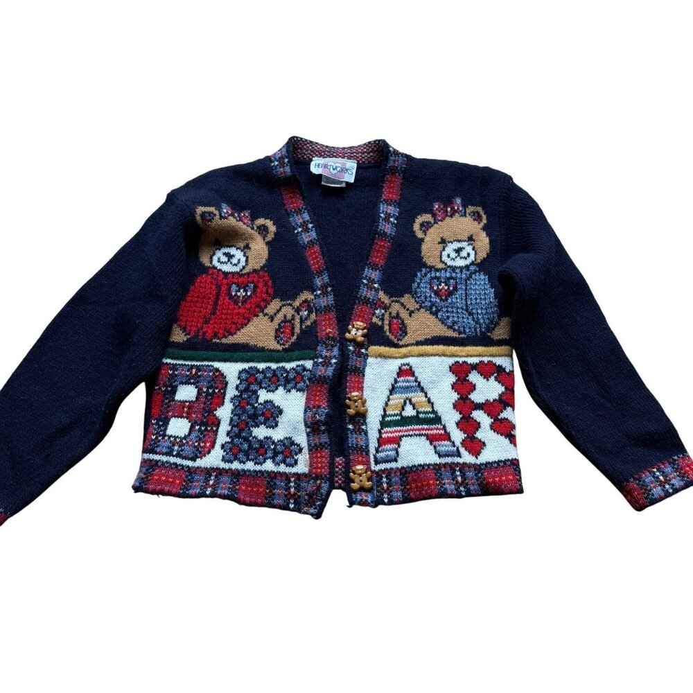 Vintage Heartworks Kids Size S 7/8 Navy Multicolor Acrylic Bear Cardigan Sweater